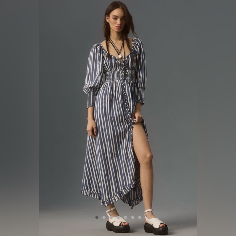 Anthropologie Long Sleeve Sweetheart Midi Dress - Navy and White Striped, Small